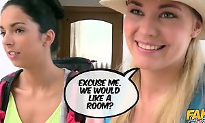 Three horny chicks organized lesbian threesome in be passed on hostel room